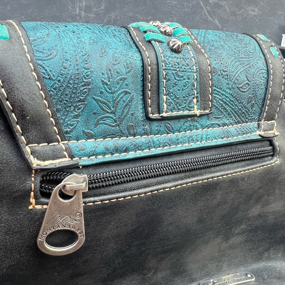 Montana West Turquoise and Black Studded Embossed Crossbody Bag - Picture 9 of 11